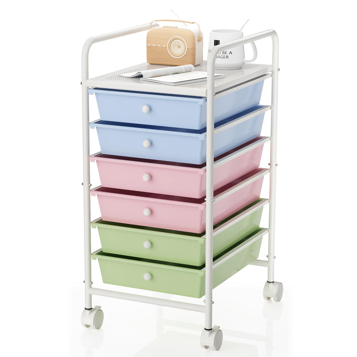 Rolling Storage Cart with Drawers 6-Tier Lock Wheels Office White