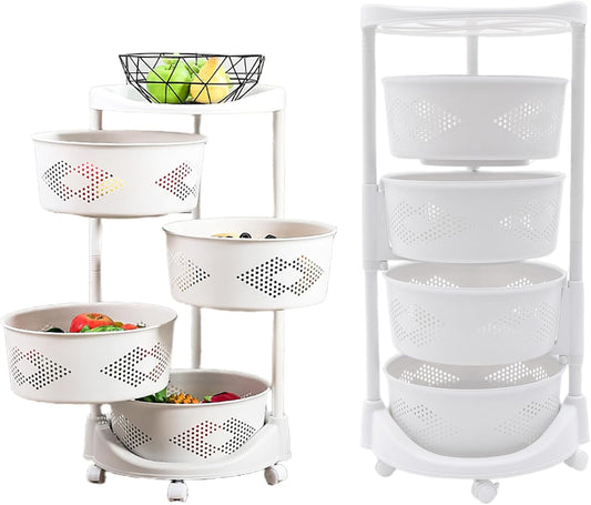 Rotating Storage Shelves Rack, Fruit Vegetable Basket for Kitchen, Kitchen Rotating Storage Rack with Wheels, Removable Roller Grocery Basket Shelf for Corns Potato (Four Layer Storage Basket), White