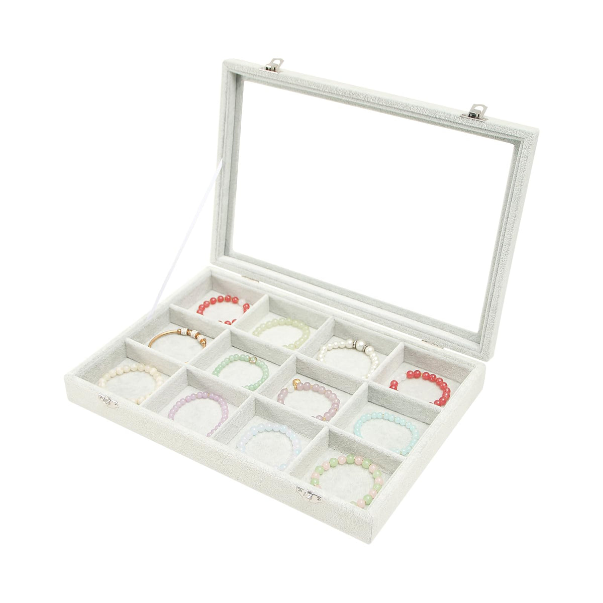 Coward Sunglass Organizer Tray Box, Beige Velvet Grids Eyeglasses Display Tray Case with Transparent Glass Lid for Home Use or Store Shop Selling Show