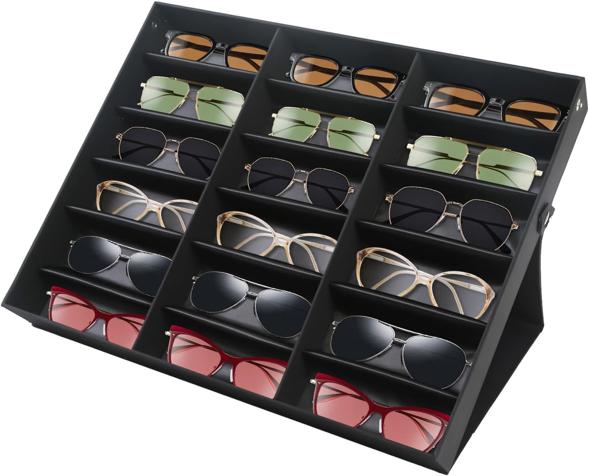 18 Slot Sunglasses Organizer Display Case,Eyeglass Storage Box with Stand,Sunglass Display Stand,Fabric Lined & Snap Closure for Eyewear,Jewelry & Watches (Black)
