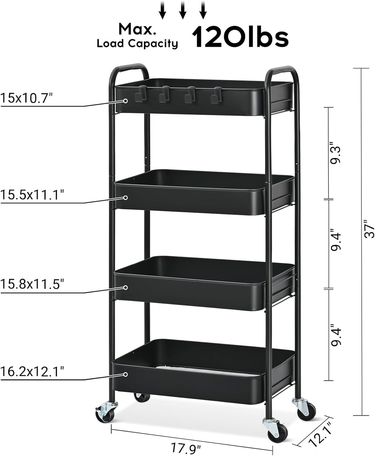 TOOLF 4 Tier Metal Rolling Cart, Utility Storage Cart with Wheels, Black