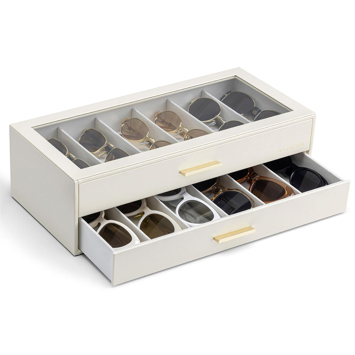 VLANDO 18-Slot Sunglasses Organizer Case with Clear Lid & 3 Drawers,Beige