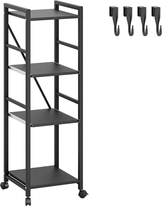 HEVIRGO 4 Tier Kitchen Storage Shelf Trolley with Wheels, Multipurpose Strong Load-Capacity Adjustable Free-Standing Storage Rack, Easy Assembly Storages Shelf Trolley Black Triple Layer