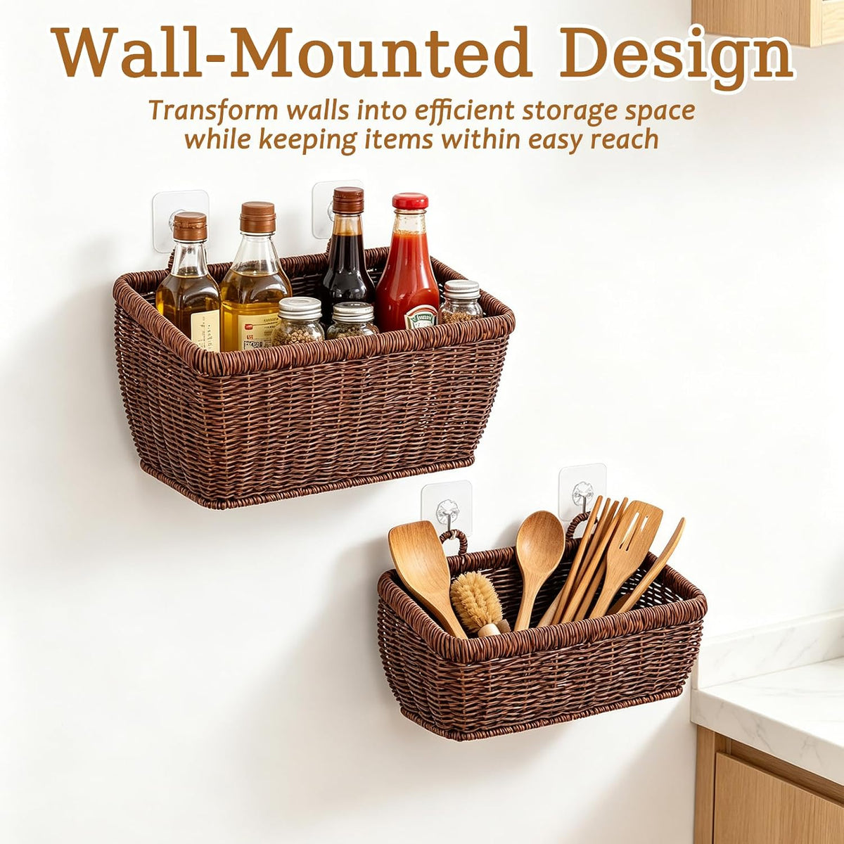 3 Pcs Handmade Wall Basket With Hooks, Boho Style Decor Hanging Baskets, Plastic Adhesive Wall Mount Cabinet Organizer for Living Room, Kitchen & Garden(Brown)