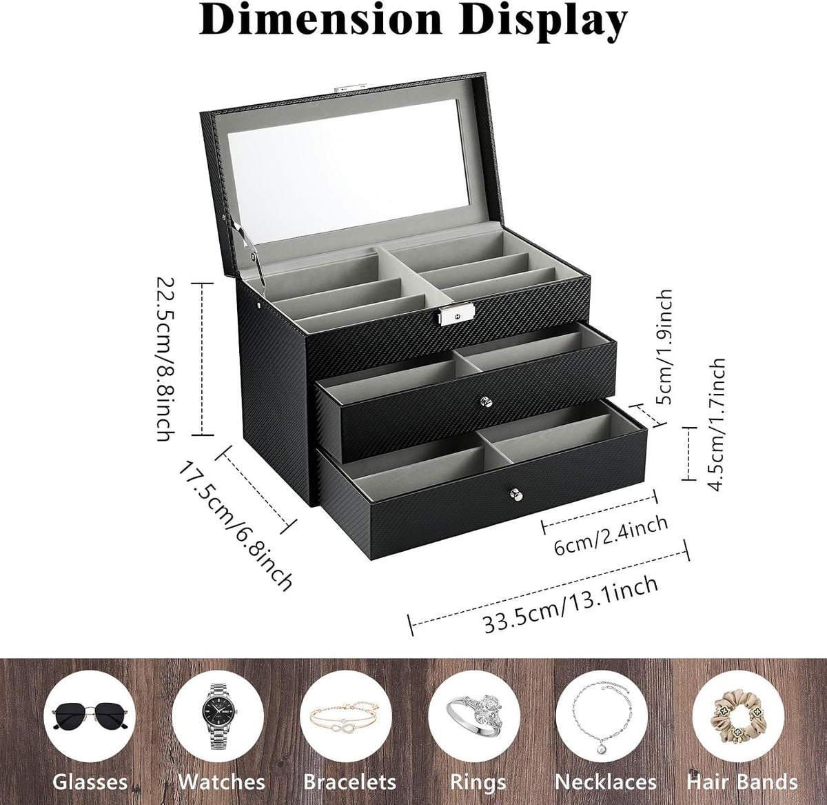 MoKo Sunglasses Organizer, Leather Sunglass Display Collection Holder Case with Drawer Clear Glass Lid