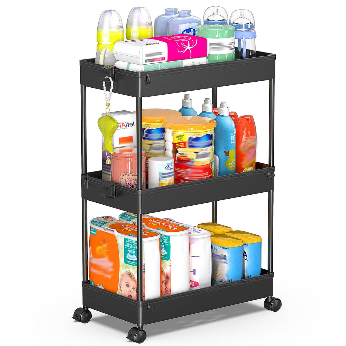SPACEKEEPER 3 Tier Acrylic Storage Rolling Cart Clear Bathroom Cart Organizer, Transparency Laundry Room Organization Mobile Shelving Unit Multifunction Rolling Utility Cart for Office Living Room