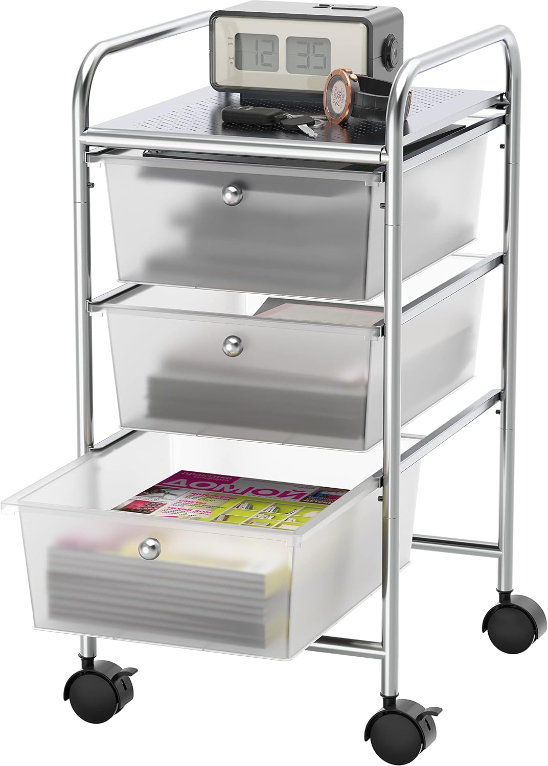Simple Houseware 3 Drawers Rolling Utility Cart Art Craft Organizer, Chrome