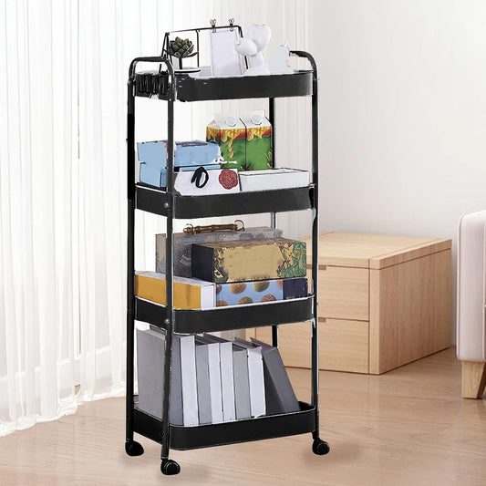 3 Tier Utility Rolling Cart, Storage Organizer Trolley with Caster Wheels, Movable Metal Storage Cart for Kitchen Bathroom Bedroom, Carbon Steel Multifunctional Shelving (4 Layers)