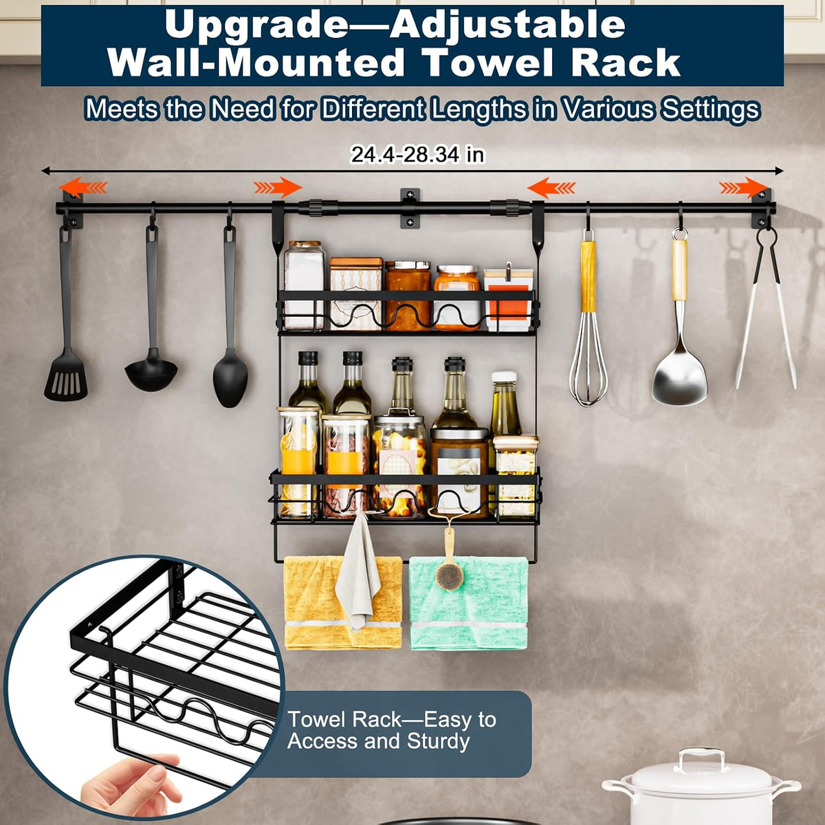 Wall-Mounted Storage Rack, Adjustable Rod Length, Two-Tier with Hooks