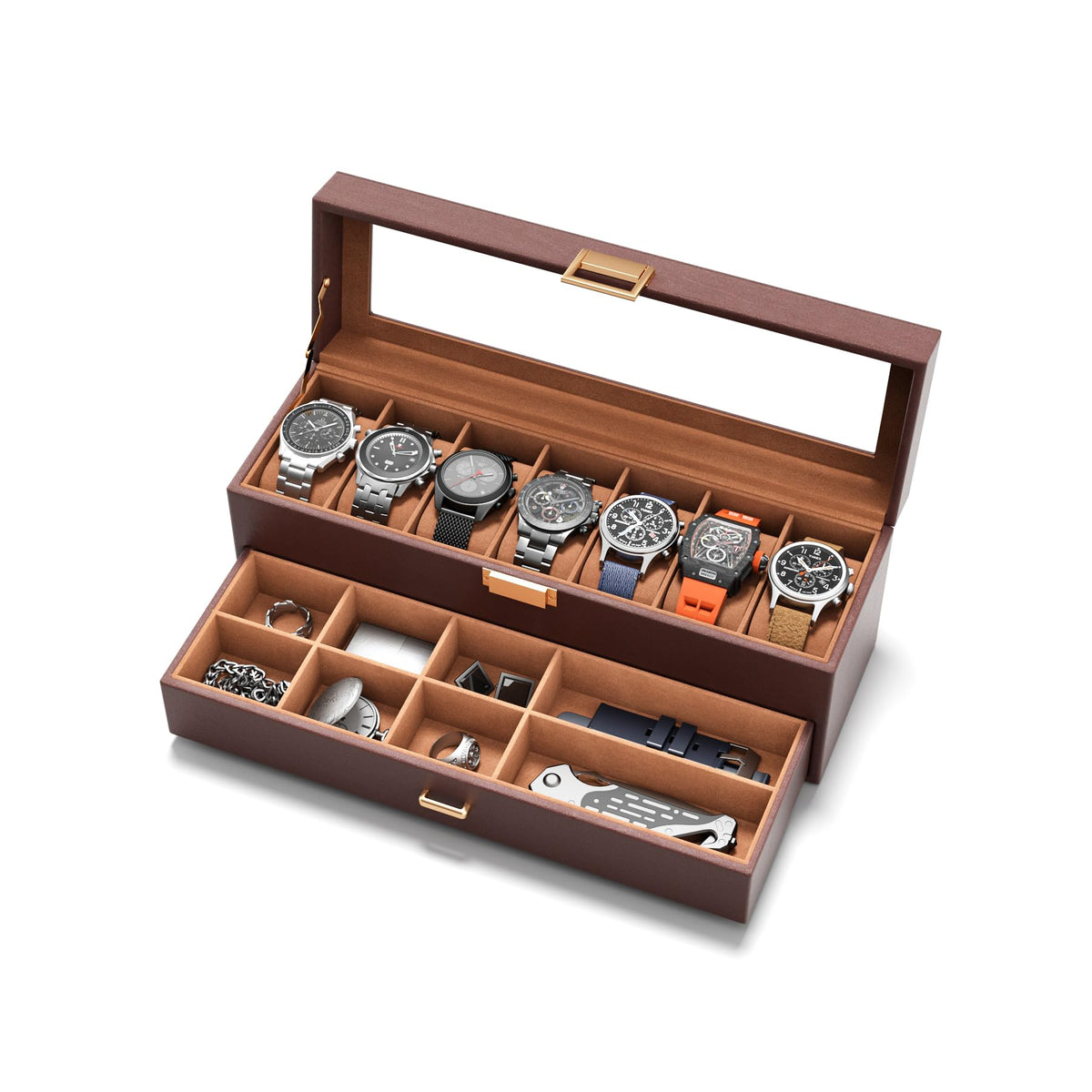 Watch Case Box for Men – 14 Slots Watch Display Organizer with 6-Compartment Eyeglasses Storage, Real Glass Lid 2-Layer PU Leather Collection Holder Gift for Loved Ones Brown