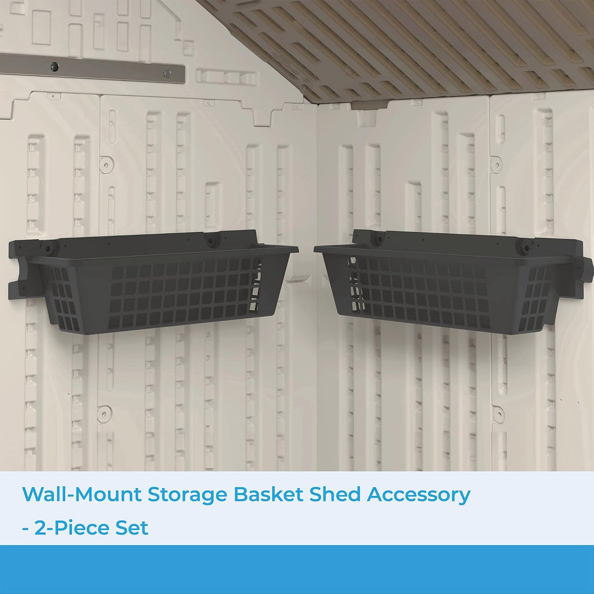 Suncast 2-Pack Accessory Baskets, Resin Organizers for Shed, Black, 25" x 7.25" x 7" - Outdoor Storage Organization, 30 lb Weight Capacity Per Shelf Basket, EZ Bolt Wall-Mount Assembly