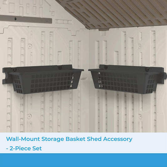 Suncast 2-Pack Accessory Baskets, Resin Organizers for Shed, Black, 25" x 7.25" x 7" - Outdoor Storage Organization, 30 lb Weight Capacity Per Shelf Basket, EZ Bolt Wall-Mount Assembly
