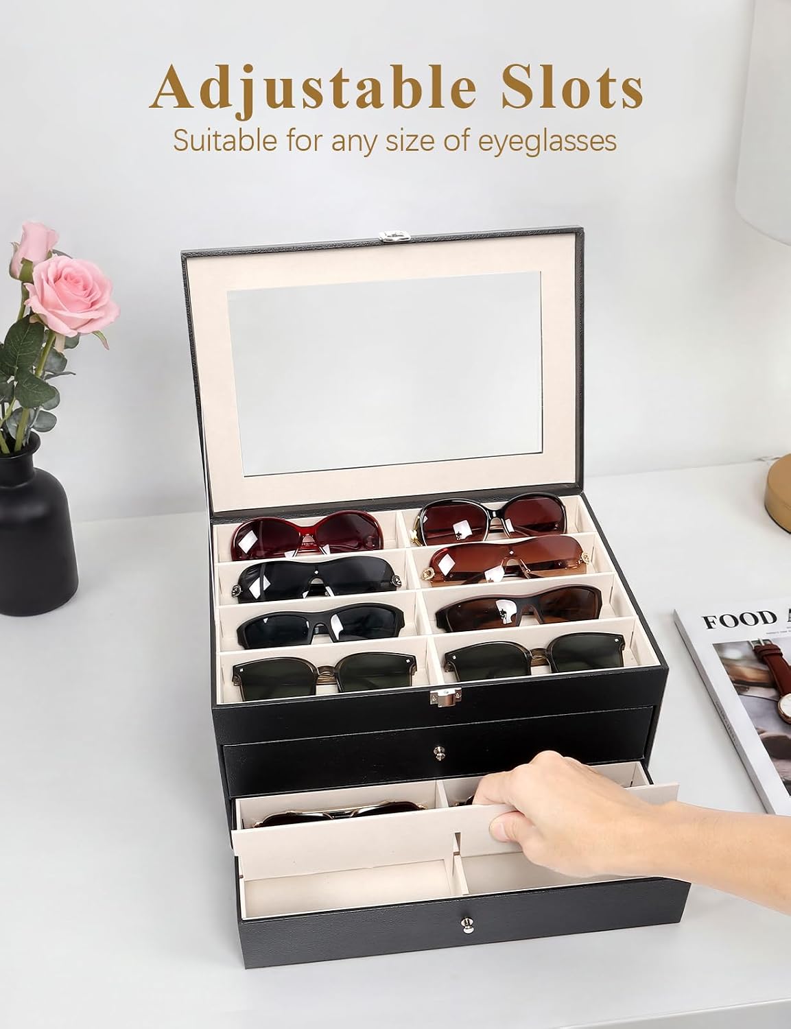 Sunglasses Glasses Storage Organizer Case with 32 Adjustable Slots, 3 Layer Multi Eyeglass Display Box with Lid Women