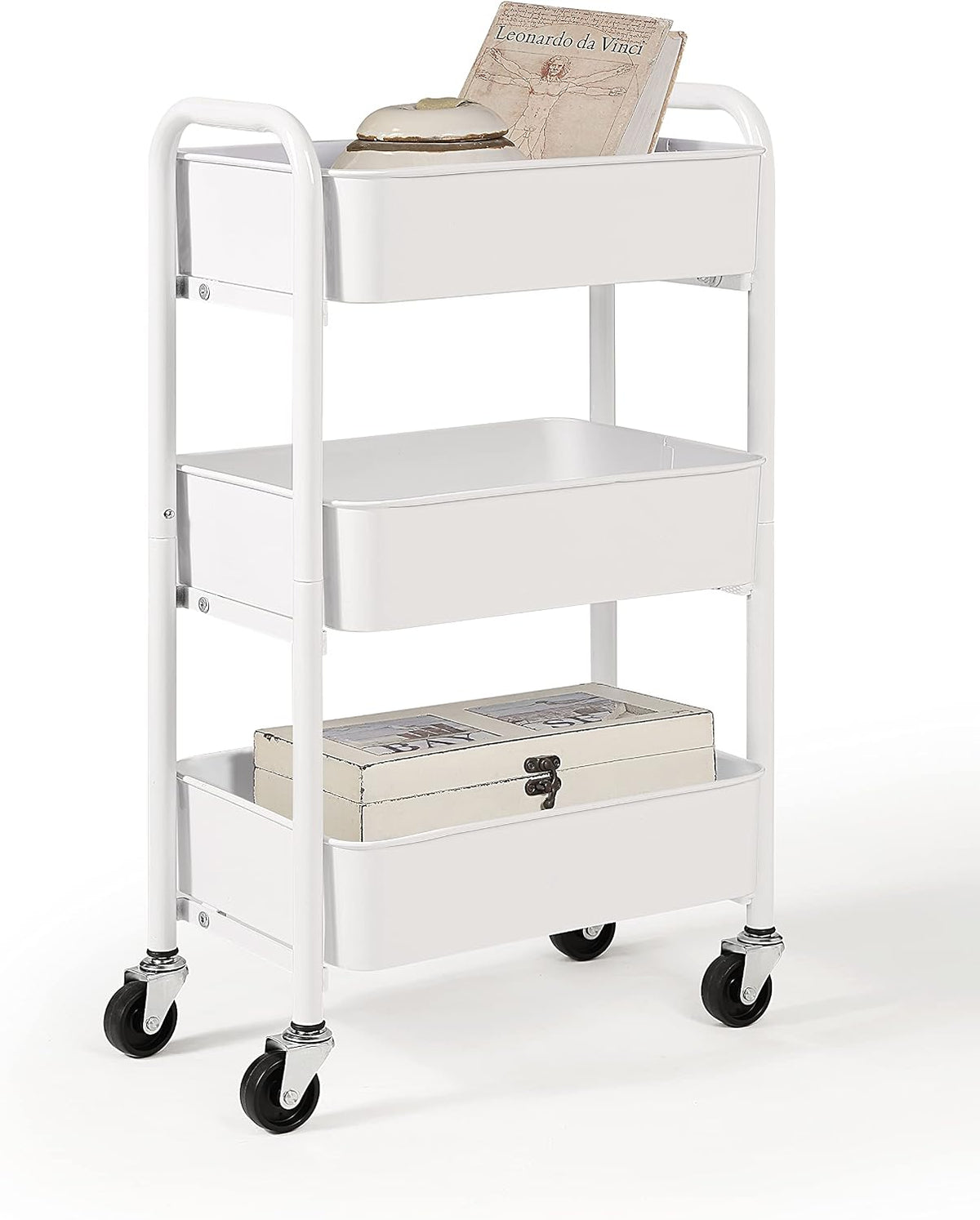 SunnyPoint 3-Tier Delicate Compact Rolling Metal Storage Organizer - Mobile Utility Cart Kitchen/Under Desk Cart with Caster Wheels (RED, 15.35" X 10.24" X 26.8"H)