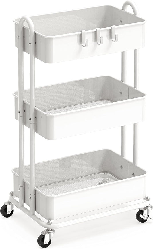 Simple Houseware 3-Tier Heavy Duty Metal Utility Rolling Cart, White