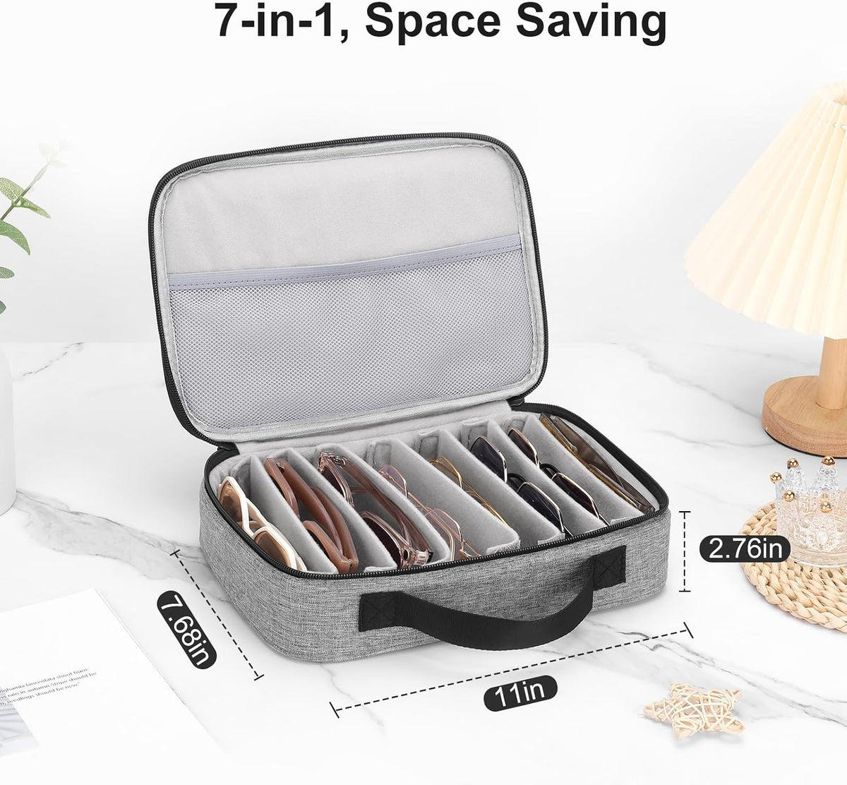 Travel Sunglasses Organizer Case, Adjustable 7 Slot for Multiple Pairs, Portable Eyeglasses Storage Box for Men Women, Holds 8 pairs of glasses, Gray