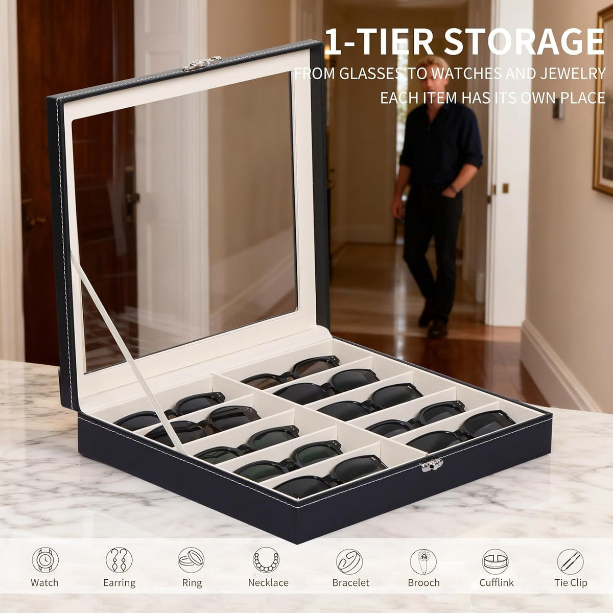 AUTOARK Large Sunglasses Organizer Case,10 Slot,Black,MKAW-111