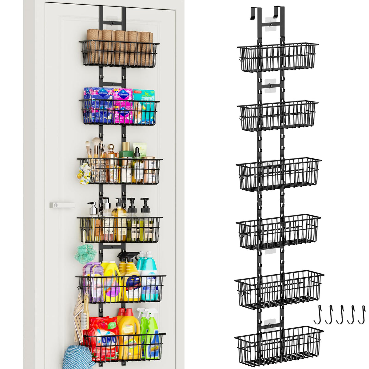 Hongtamoya Adjustable Over the Door Organizer, Metal Hanging Door Organizer with 5 Wire Basket 7 Hooks, Wall Mounted Shelf for Pantry Laundry Organization and Storage, Black