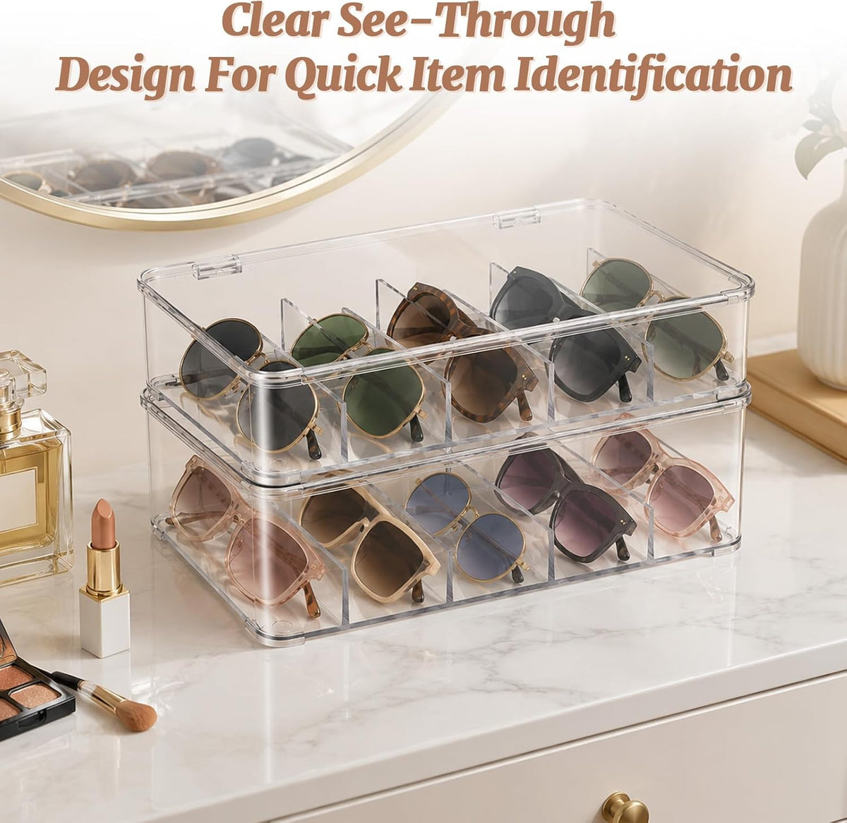 2 Pcs Clear Stackable Plastic Sunglasses Organizer Case 5 Compartments