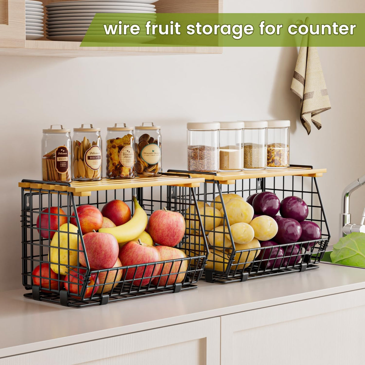 Hanging Fruit Basket for Kitchen, 3 Pack Vegetable Produce Basket