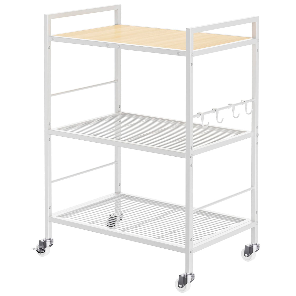 3-Tier Metal Storage Rack with Industrial Wheels,Mesh Shelving Unit with Wooden Table top,Adjustable Shelf,31.5-Inch Width, for Kitchen, Laundry,Pantry,Plant,Black