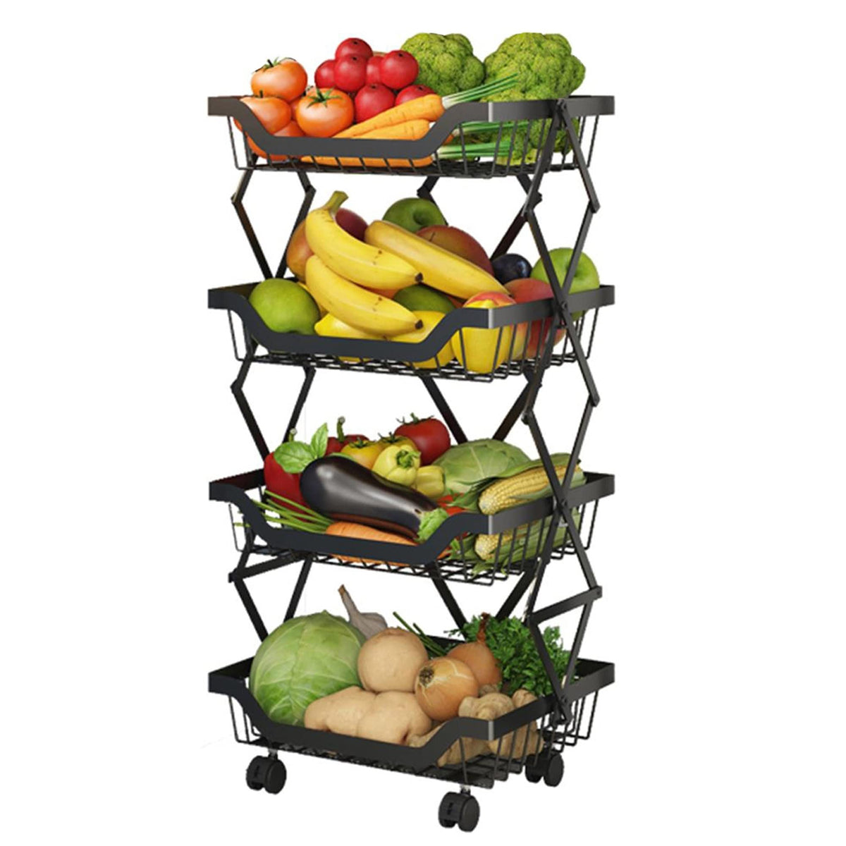 4-Tier Rolling Pantry Floor Organizer with Wheels, Foldable Fruit Vegetable Storage Cart, Metal Wire Pantry Basket, Kitchen Fruit Basket Stand, Vegetable Storage Rack for Fruits Snack Onion Potato