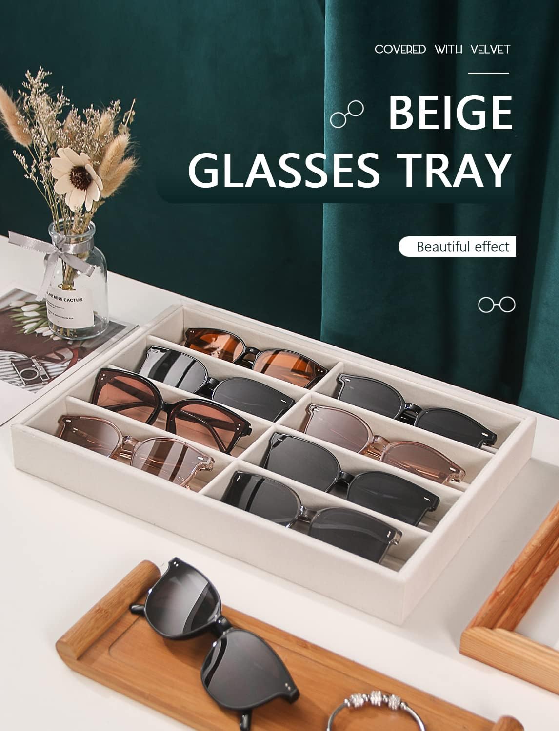 Coward Sunglass Organizer, Beige Velvet Glasses Trays - Eyeglasses Watches Jewelry Display - Men Women (8 Grids)