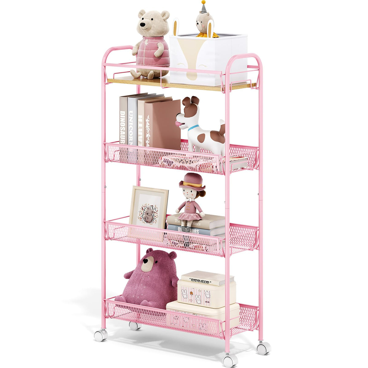 TOOLF 4-Tier Rolling Cart, Metal Utility Cart, Slide Out Storage Cart with Wooden Tabletop and Mesh Baskets, Easy Assemble Trolley for Kitchen Bathroom Laundry Room Bedroom Apartments Dormitory
