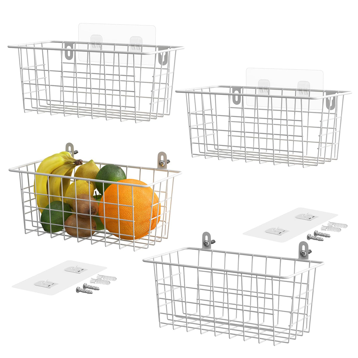 MaraFansie Wall Wire Baskets Bin No Drilling Adhesive Hanging Baskets Wall Mounted for Cabinet & Pantry Organization and Kitchen, Bathroom, Bedroom Storage, 2 Pack, White
