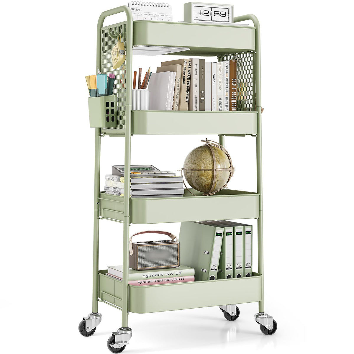 TOOLF 4 Tier Rolling Cart, Metal Utility Storage Cart with Pegboard, Black