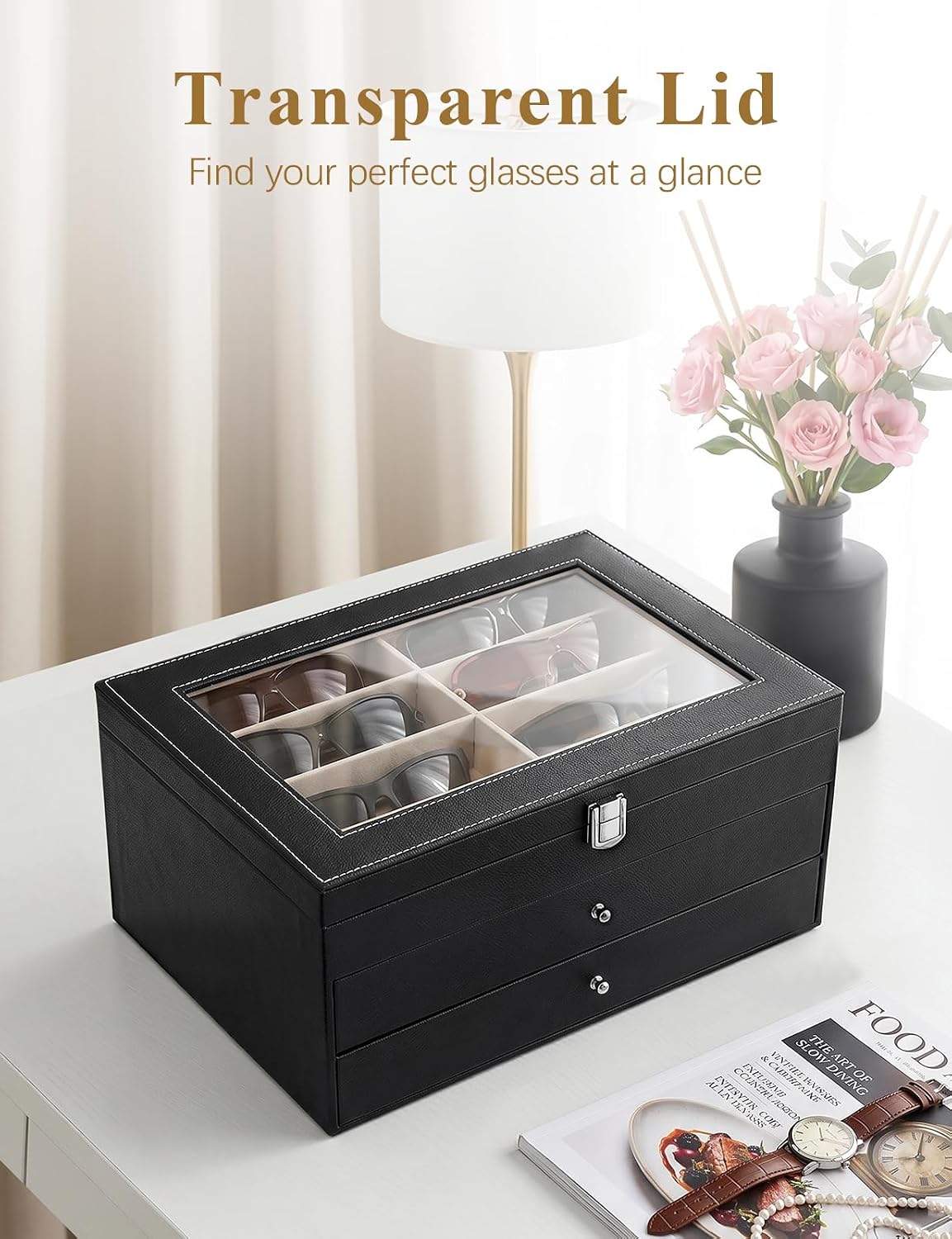 Sunglasses Glasses Storage Organizer Case with 32 Adjustable Slots, 3 Layer Multi Eyeglass Display Box with Lid Women