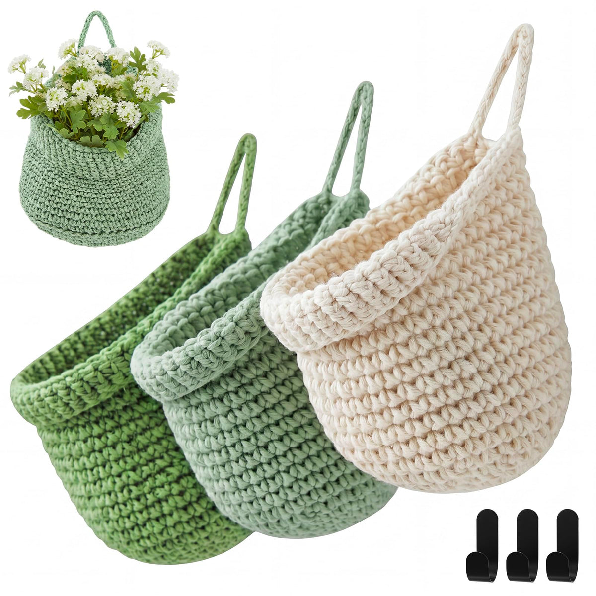 Honeydak 3 Hanging Baskets, Light Brown, Wide Bucket Basket
