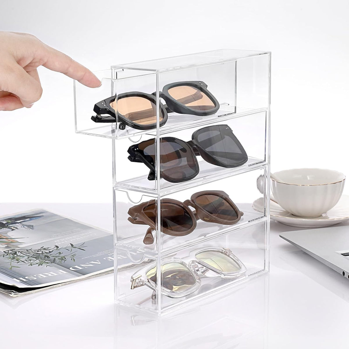 Hipiwe Acrylic Drawer Organizer Sunglasses Case with 4 Pull Out Drawers