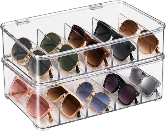 2 Pcs Clear Stackable Plastic Sunglasses Organizer Case 5 Compartments