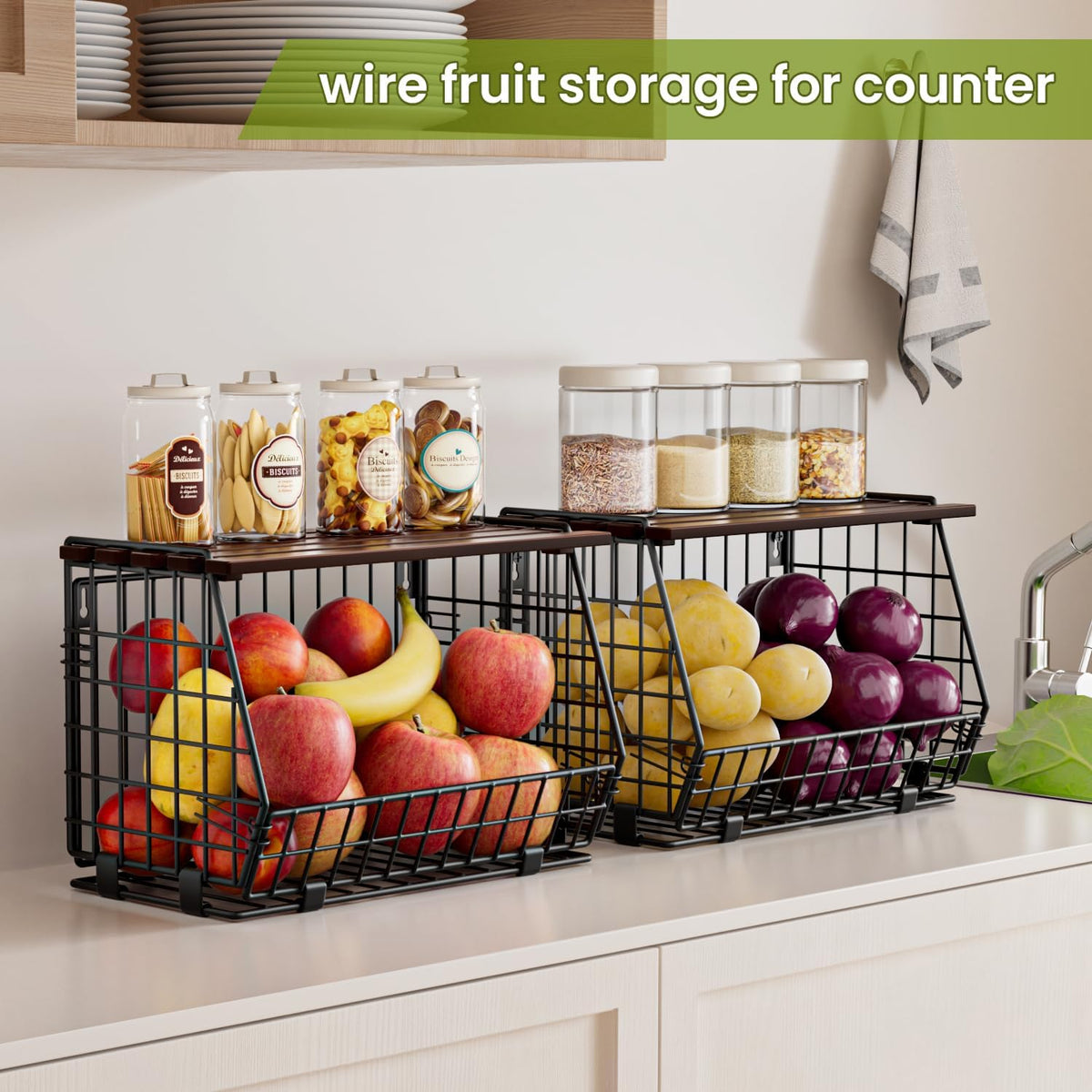 Hanging Fruit Basket for Kitchen, 3 Pack Vegetable Produce Basket