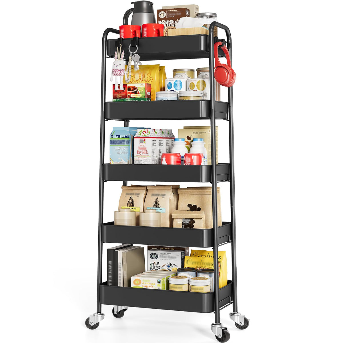 TOOLF 4 Tier Metal Rolling Cart, Utility Storage Cart with Wheels, Black