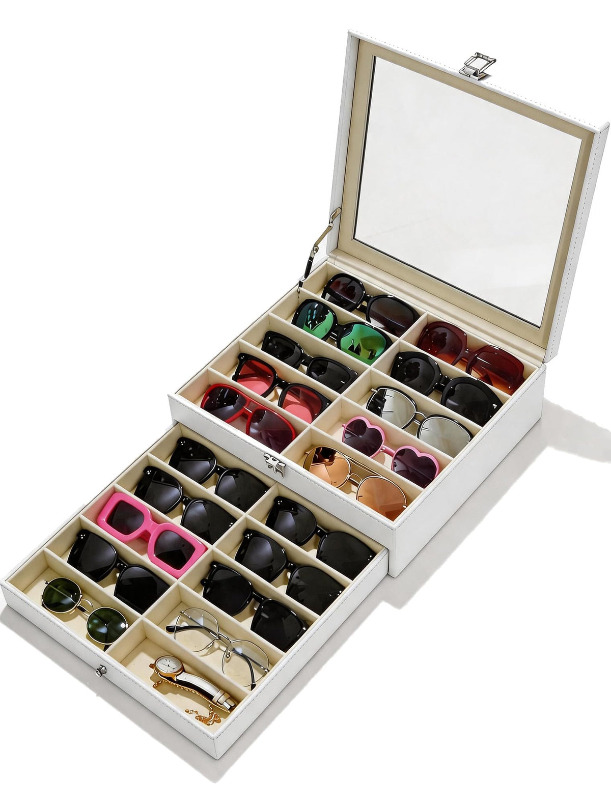 Sunglasses Organizer 20 Slots, Multiple Pairs Glasses Storage Case Leather Eyeglasses Display Box for Women Men