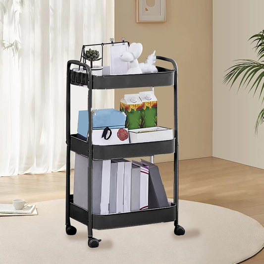 3 Tier Utility Rolling Cart, Movable Storage Organizer Trolley with Caster Wheels, Carbon Steel Multifunctional Shelving Cart for Kitchen Bathroom Bedroom (3 Layer)