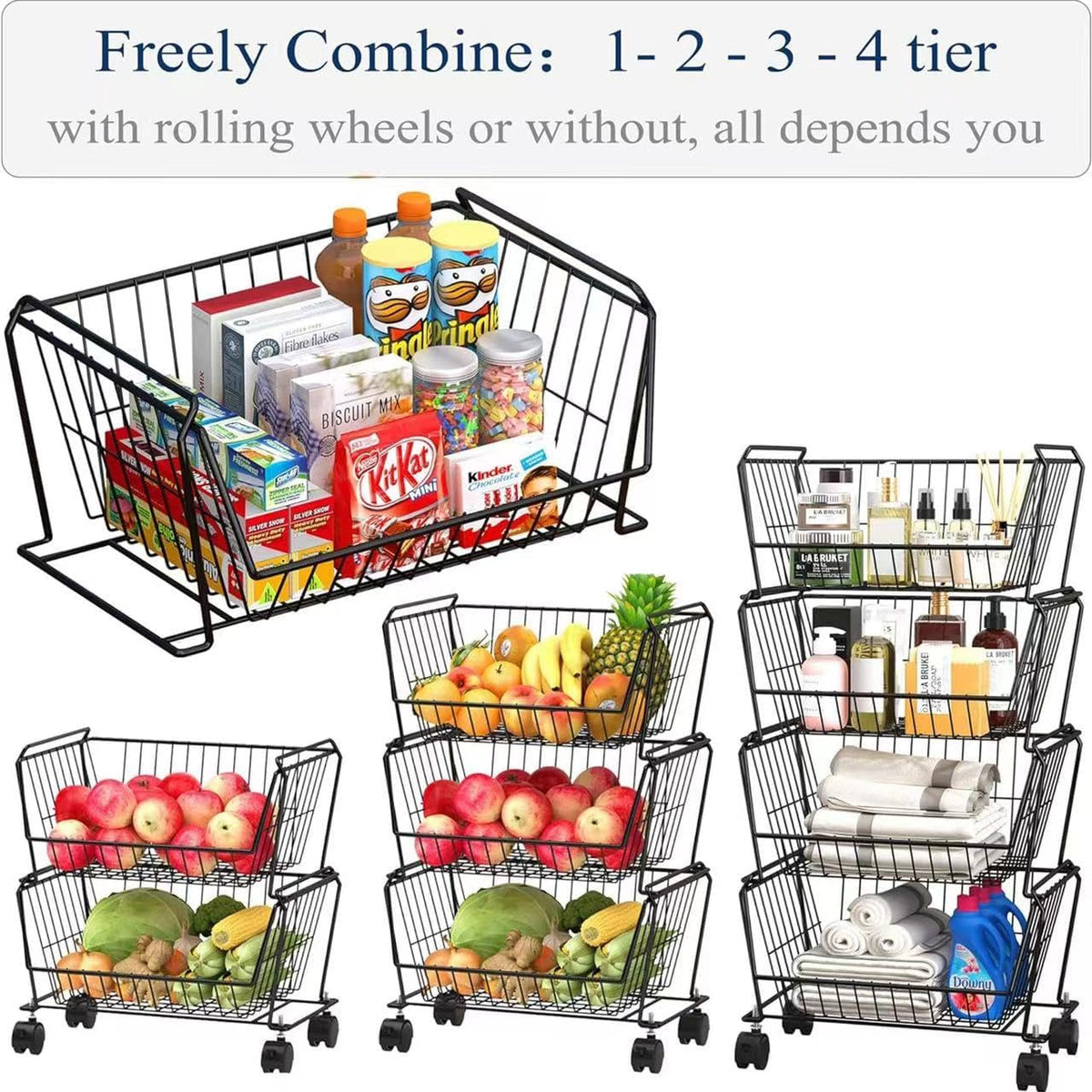 PUSDON 4-Tier Spacious Stackable Wire Storage Baskets with Wheels, Metal Rolling Utility Cart, Produce Basket for Pantry, Bathroom Organizer Shelf, Matte Black
