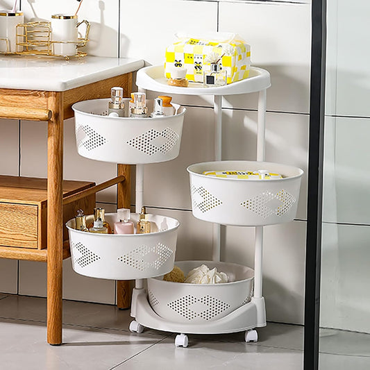 Rotating Storage Shelves Rack, Fruit Vegetable Basket for Kitchen, Kitchen Rotating Storage Rack with Wheels, Removable Roller Grocery Basket Shelf for Corns Potato (Four Layer Storage Basket), White
