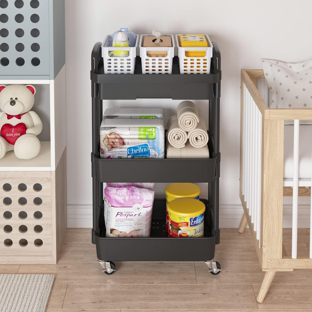 Calmootey 3-Tier Utility Cart with Drawer & Wheels, Storage for Home,Office
