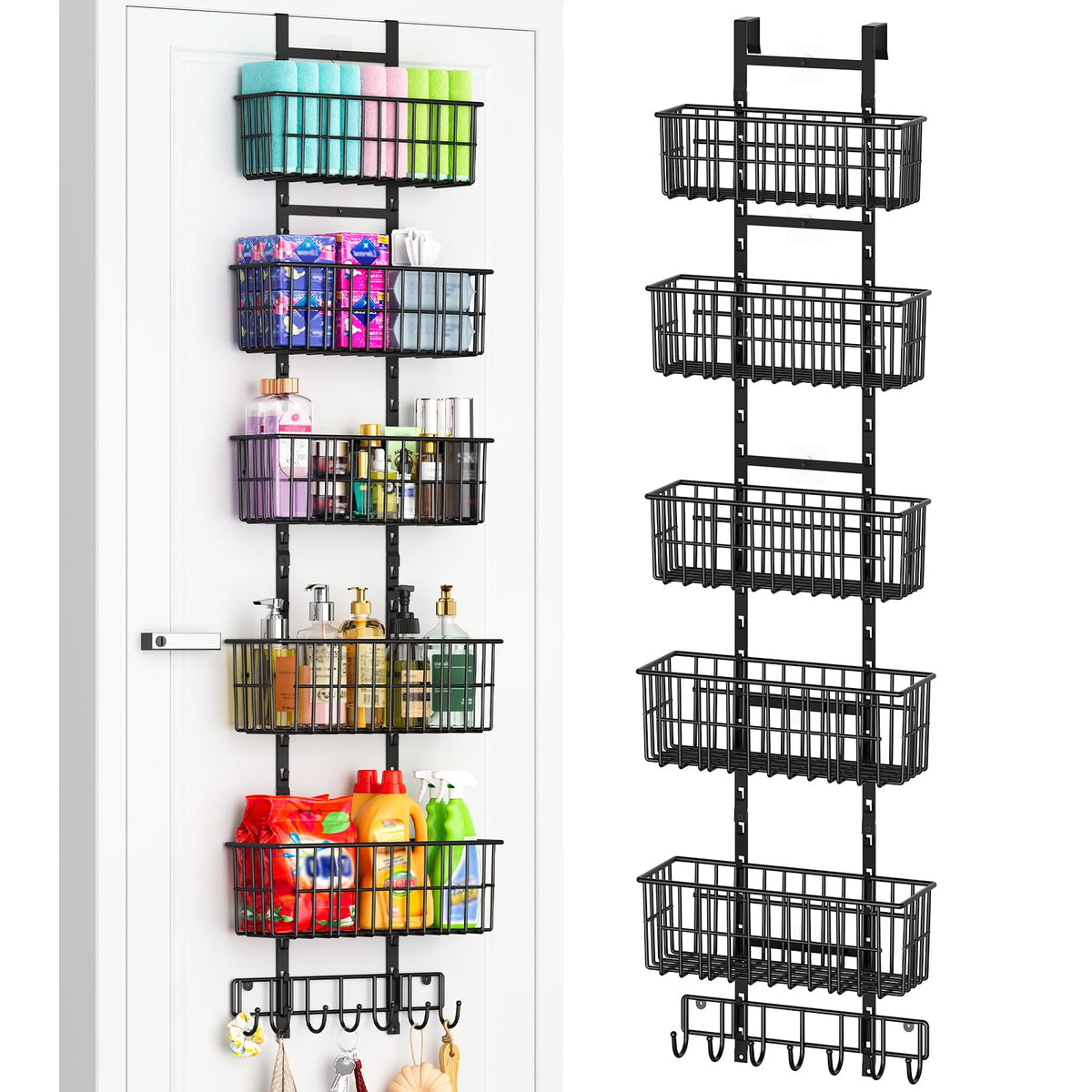 Hongtamoya Adjustable Over the Door Organizer, Metal Hanging Door Organizer with 5 Wire Basket 7 Hooks, Wall Mounted Shelf for Pantry Laundry Organization and Storage, Black