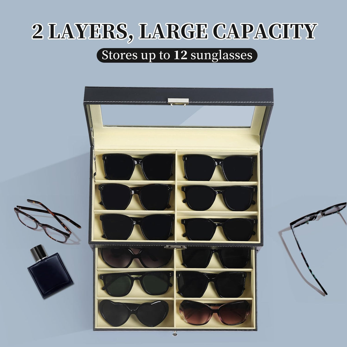 AUTOARK Leather 12 Piece Sunglass Storage Display Case,Black,AW-023