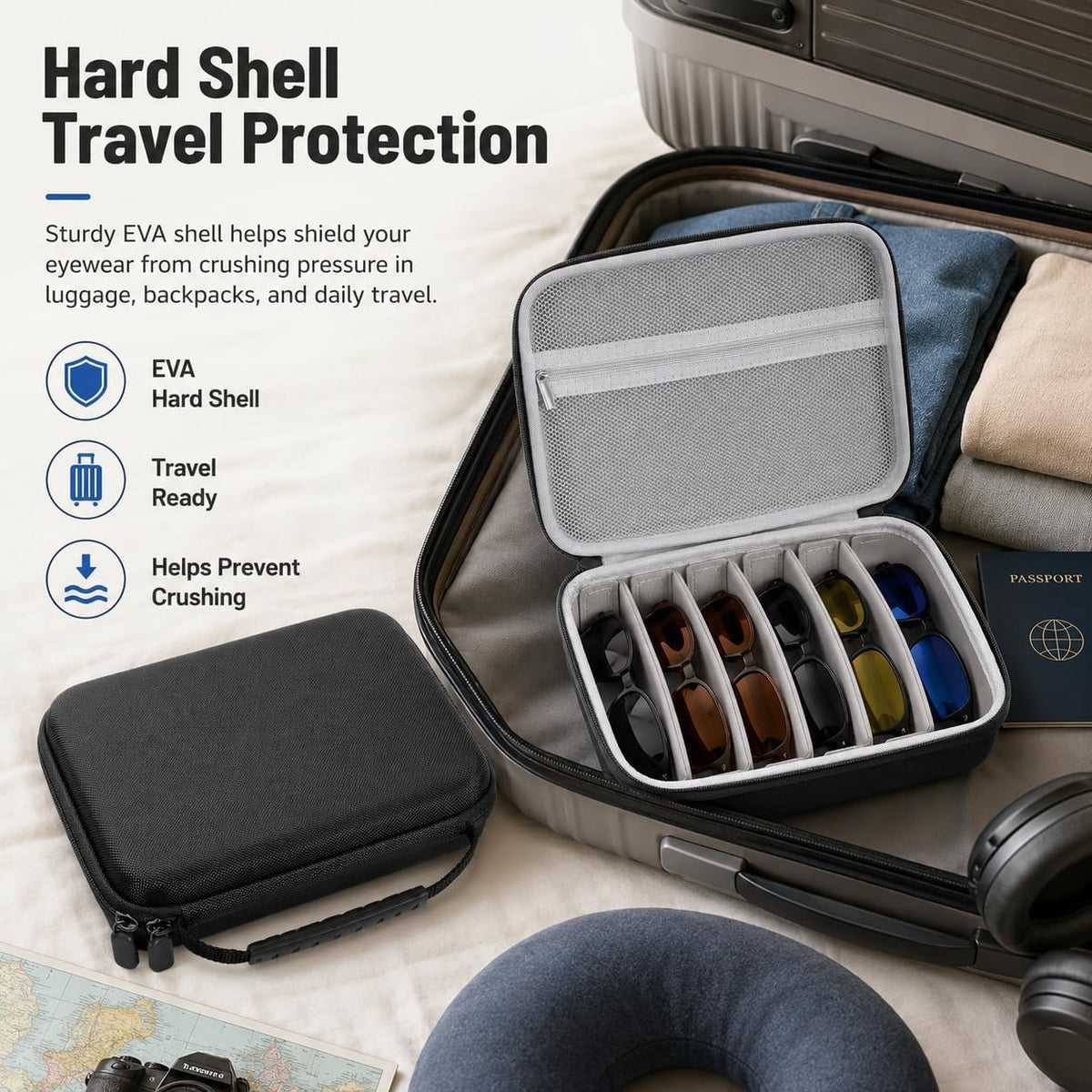 6-Slot Travel Sunglasses Organizer Case, Hard Shell Eyewear Storage Box with Handle, Portable Multiple Glasses Holder for Sunglasses, Reading Glasses, Road Trips, Vacations, Black