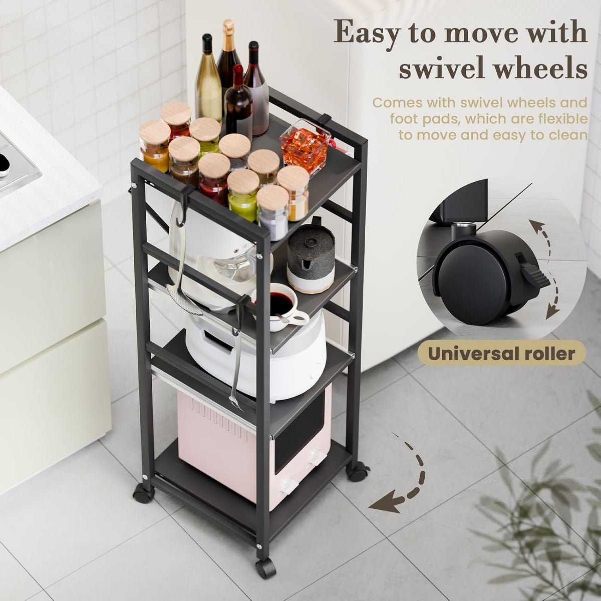 HEVIRGO 4 Tier Kitchen Storage Shelf Trolley with Wheels, Multipurpose Strong Load-Capacity Adjustable Free-Standing Storage Rack, Easy Assembly Storages Shelf Trolley Black Triple Layer