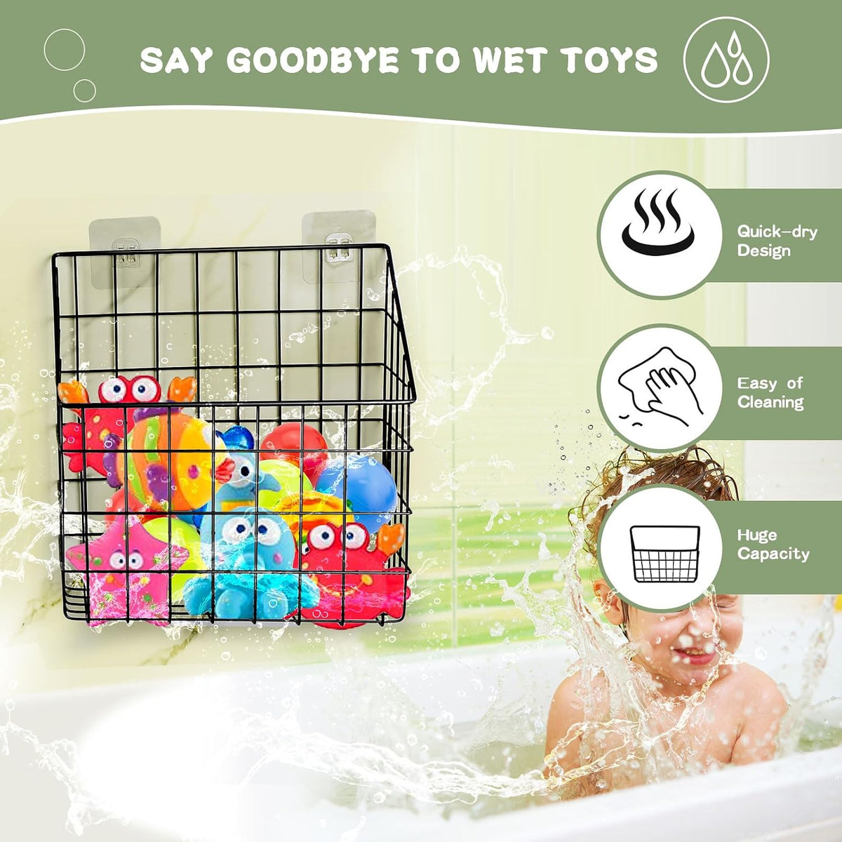 Greentainer 2 Pack Bath Toy Storage Organizer, Large Rustproof Metal Wire Basket, Wall Mounted Hanging Bathtub Holder, Bathroom Shower Caddy for Tub Toys & Toiletries