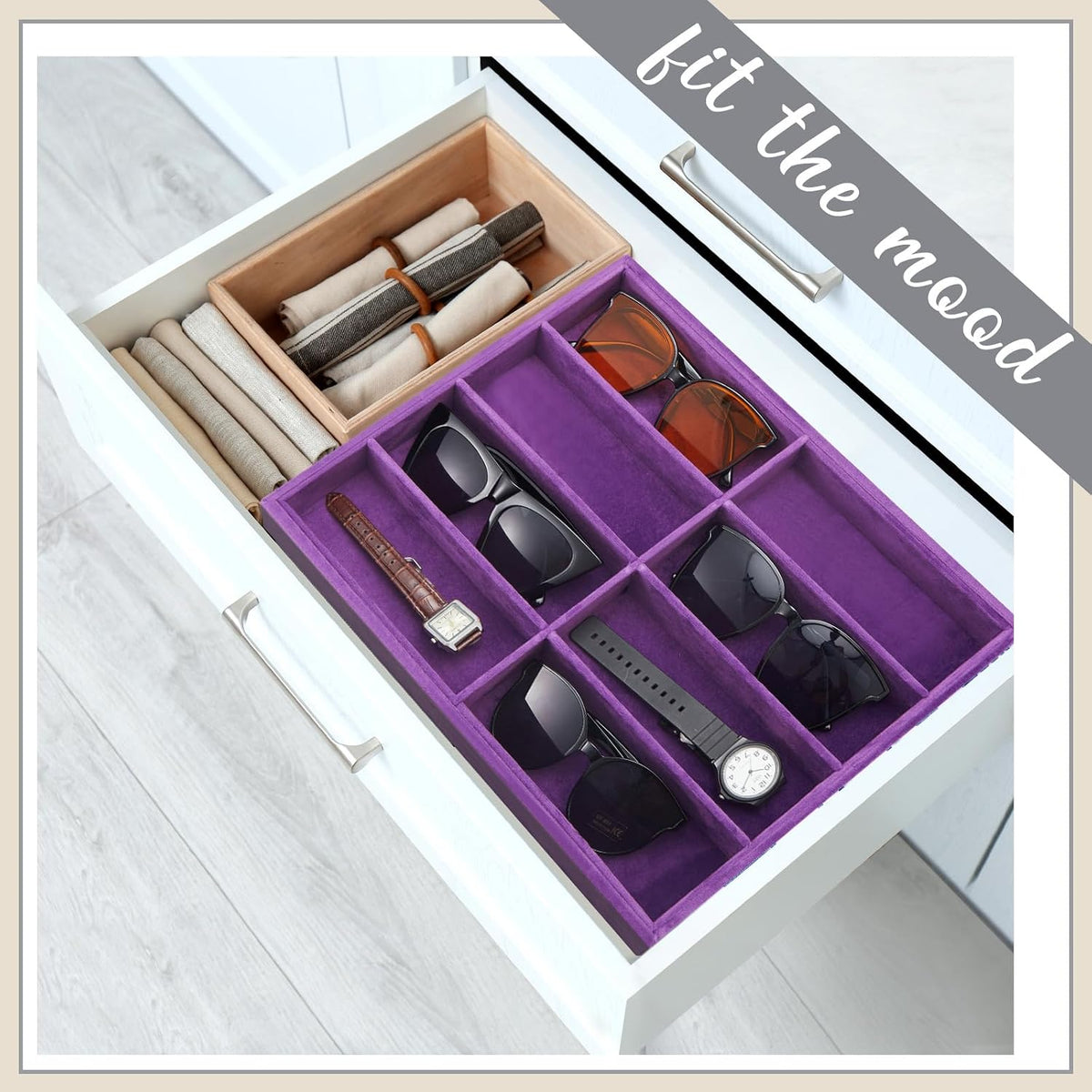 Amylove 2 Pack Sunglasses Organizer Tray Velvet Holder,8 Grids,Purple