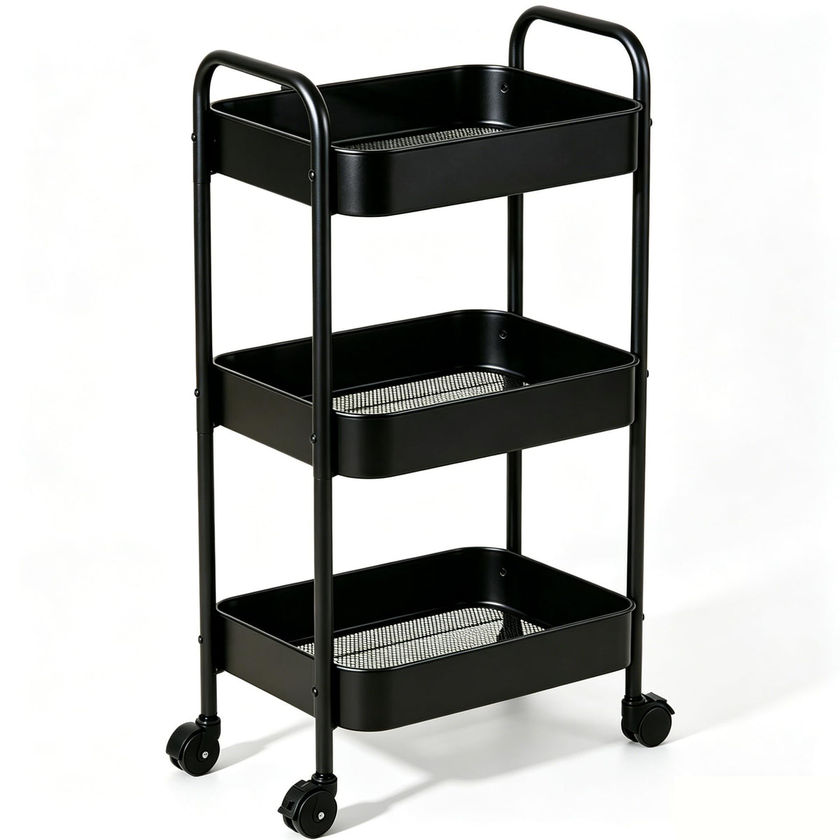 3-Tier Metal Rolling Utility Cart with Handle, Multi-Functional Storage Trolley for Office, Living Room, Kitchen, Movable Storage Organizer with Wheels, White
