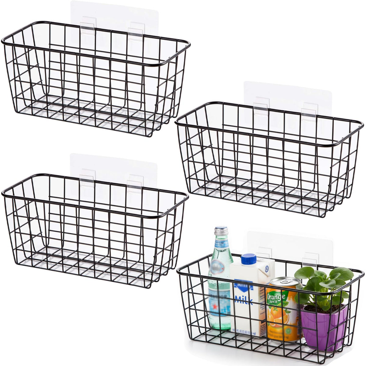 Hanging Kitchen Baskets Adhesive Sturdy Wire Storage Baskets with Kitchen Food Pantry Bathroom Shelf Storage No Drilling Wall Mounted,White,2 Pack