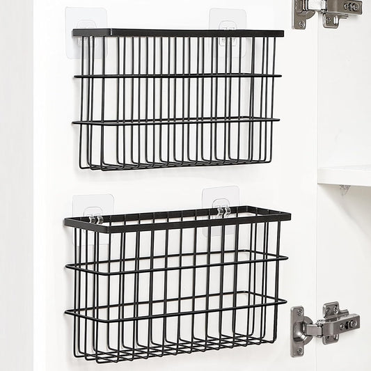 Sinnsally 2 Pack Cabinet Door Organizer,Self Adhesive Lid Organizers Inside Cabinet Storage Boxes,Hanging Storage Basket Organizer Wall Mounted Pantry Caddy Cup Holder for Kitchen,Fridge,Bathroom